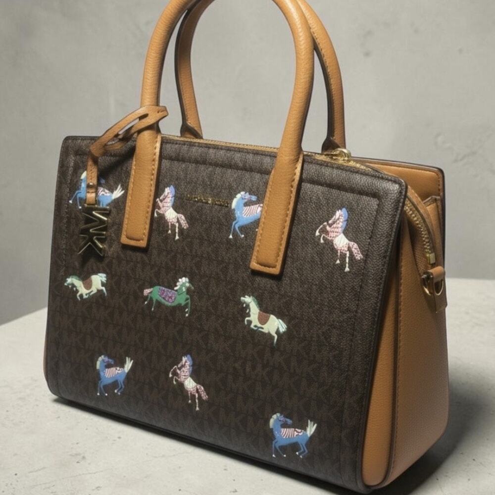 Michael Kors Laila Medium Logo Satchel Brown with Horses NWT MSRP $380